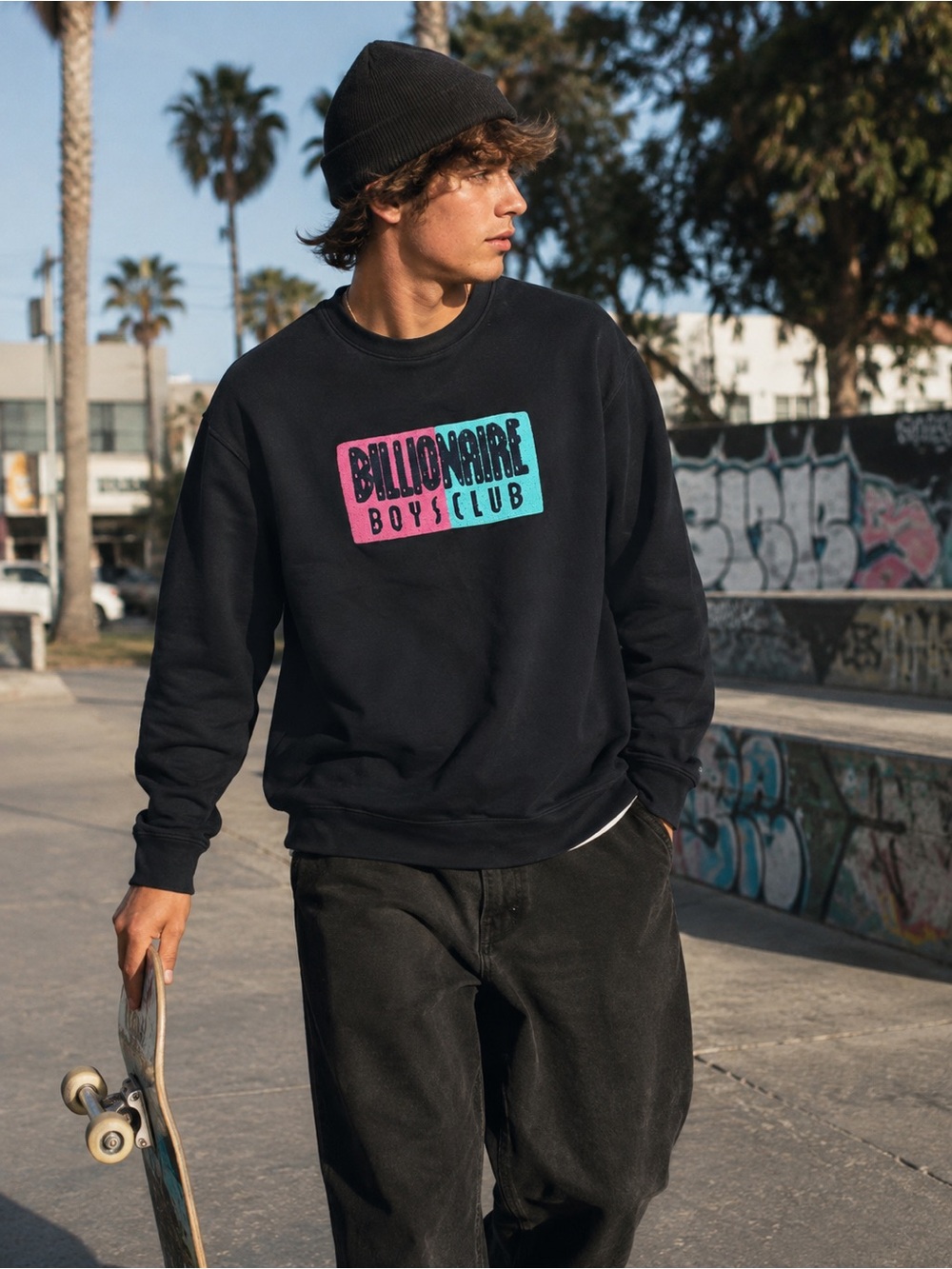 Vintage Billionaire Boys Club Black Crewneck Sweatshirt with Pink & Teal Logo